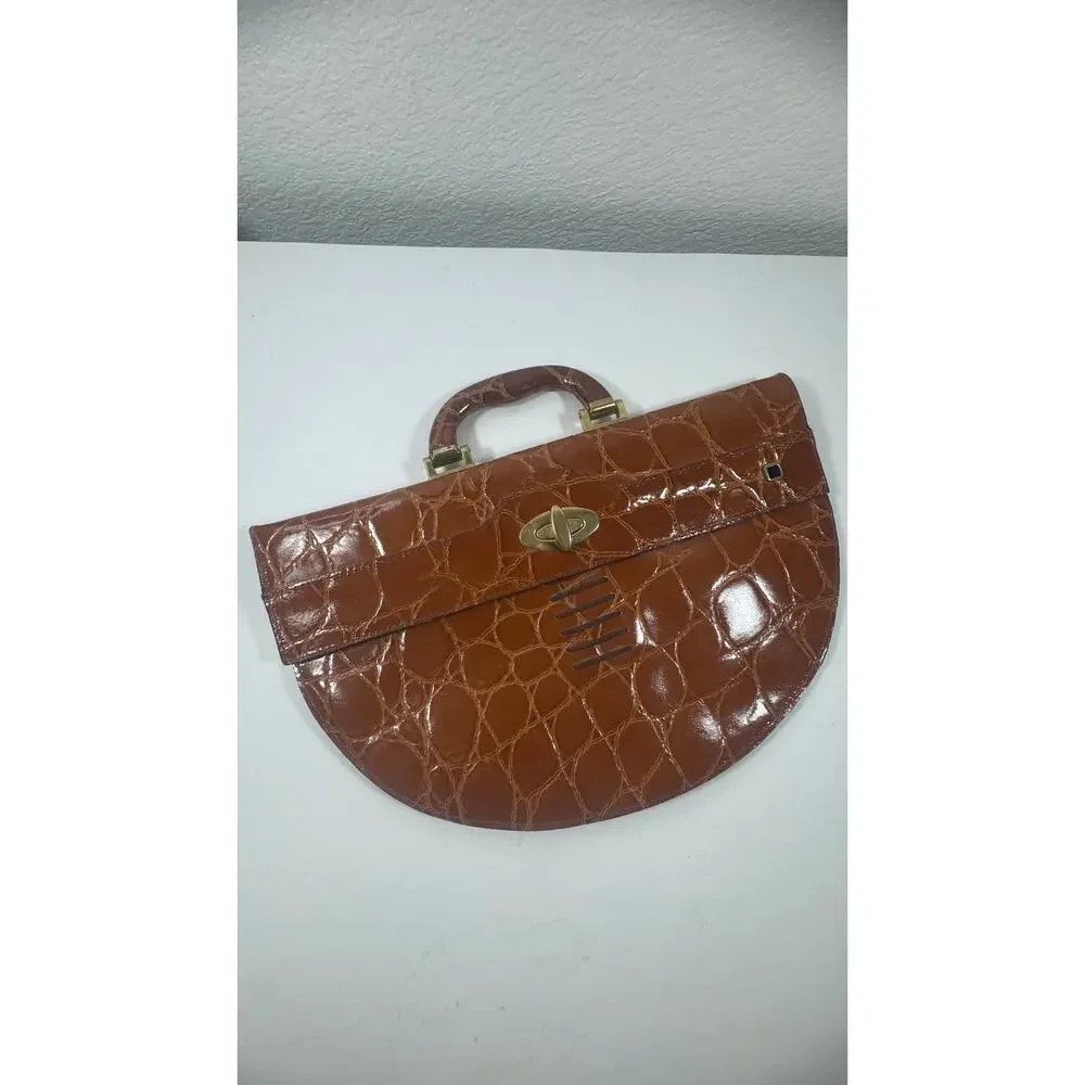 VTG Andrew Geller Handbag Croc Embossed Leather Brown Handbag Brass